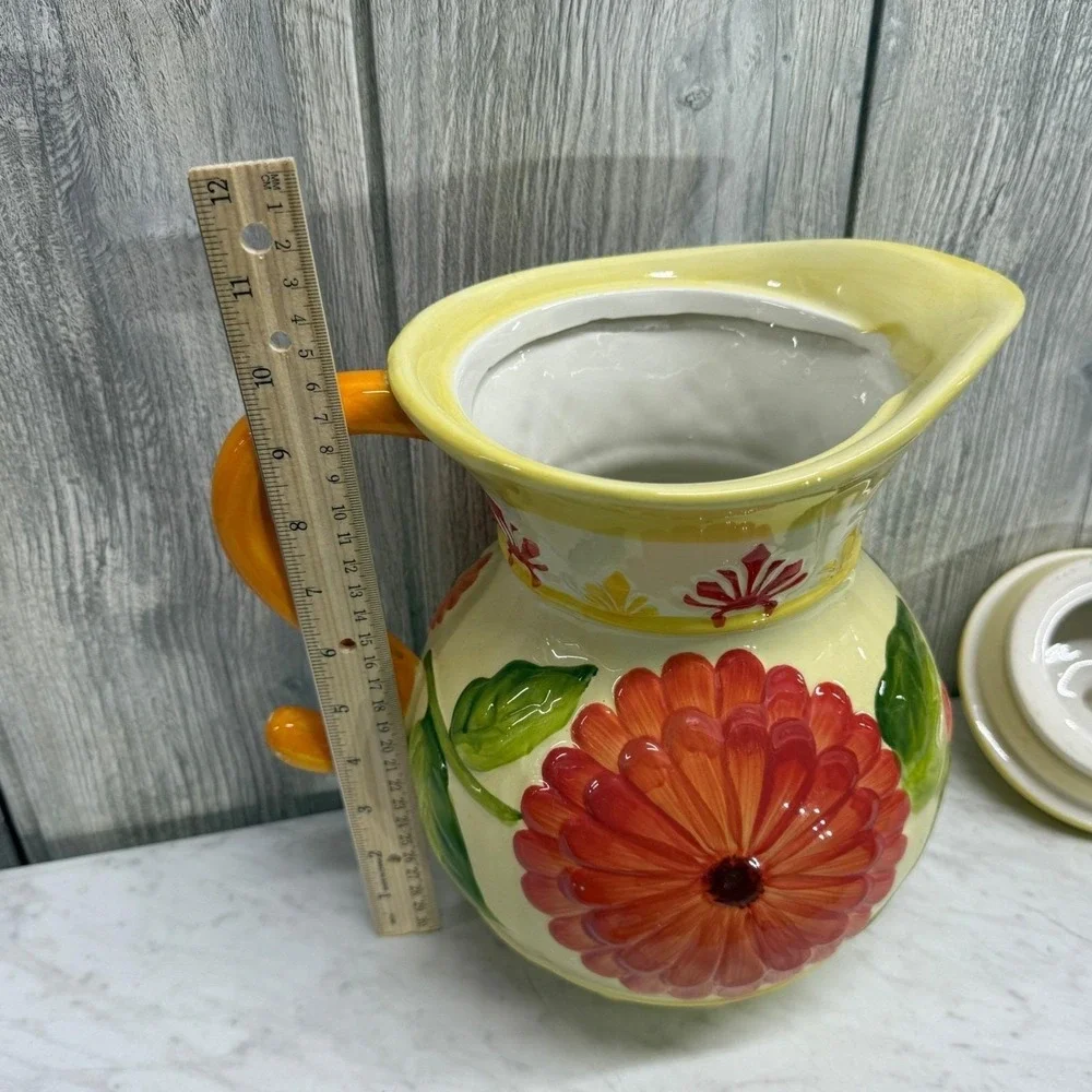 Hand Painted Ceramic Floral Pitcher with Lid Orange Flower Embossed Pottery